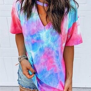 Vibrant Tie-Dye V-Neck Large Keyhole Short Sleeve Top